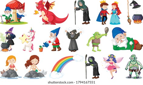 Set of fantasy cartoon characters and fantasy theme isolated on white background illustration