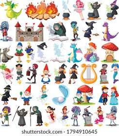 Set of fantasy cartoon characters and fantasy theme isolated on white background illustration
