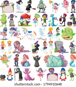 Set of fantasy cartoon characters and fantasy theme isolated on white background illustration