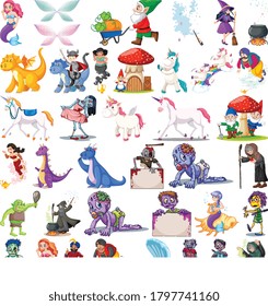 Set of fantasy cartoon characters and fantasy theme isolated on white background illustration