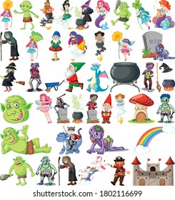 Set of fantasy cartoon characters and fantasy theme isolated on white background illustration