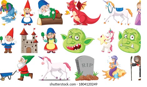 Set of fantasy cartoon characters and fantasy theme isolated on white background illustration