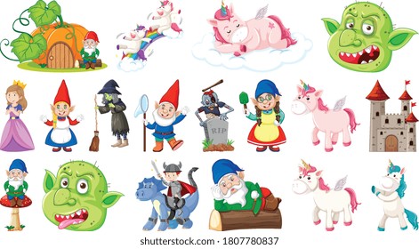 Set of fantasy cartoon characters and fantasy theme isolated on white background illustration