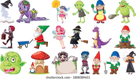 Set of fantasy cartoon characters and fantasy theme isolated on white background illustration