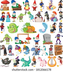 Set of fantasy cartoon characters and fantasy theme isolated on white background illustration
