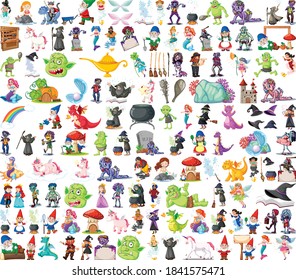 Set of fantasy cartoon characters and fantasy theme isolated on white background illustration