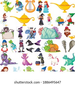 Set of fantasy cartoon characters and fantasy theme isolated on white background illustration