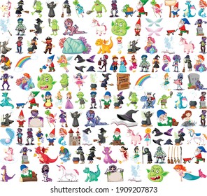 Set of fantasy cartoon characters and fantasy theme isolated on white background illustration