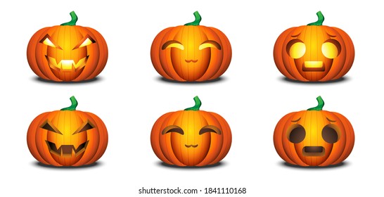 Set of fantasy cartoon happy holidays halloween Jack o lantern orange pumpkin design in different scary angry, funny surprised and cute smile cat faces isolated on white background vector illustration