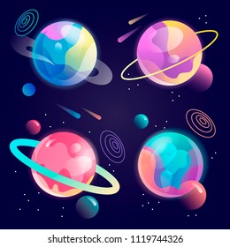 set of fantasy cartoon planets in space. vector illustration