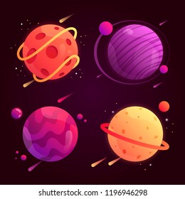 set of fantasy cartoon planets in space. vector illustration. colorful planets. 