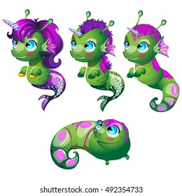 Set fantasy cartoon seahorse isolated on a white background. Stages of transformation from larvae in the sea unicorn with Golden hooves. Vector illustration.