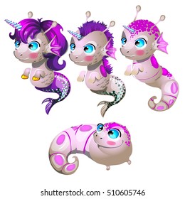 Set fantasy cartoon seahorse isolated on a white background. Stages of transformation from larvae in the sea unicorn with Golden hooves. Vector cartoon close-up illustration.