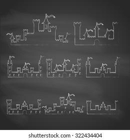 Set of Fantasy castles chalk silhouettes for design. Isolated on grey  background. Halloween party fantasy castles. Vector illustration