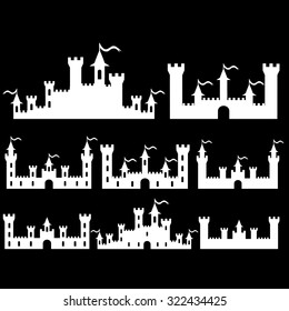 Set of Fantasy castles silhouettes for design. Isolated on black background. Halloween party fantasy castles. Vector illustration