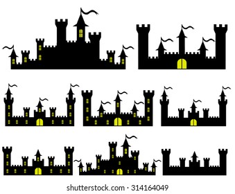Set of Fantasy castles silhouettes with yellow light in windows. for design. Black castles. illustration