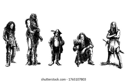 set of fantasy characters - black and white vector illustration