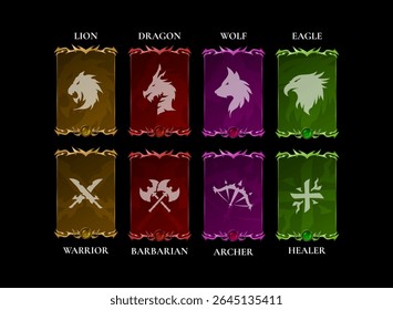 set of fantasy class and role with animal symbol in ancient medieval card style with color options