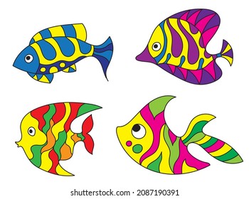 Set of fantasy colorful psychedelic, creative doddle fish. Zen art creative design collection on white background. Vector illustration.