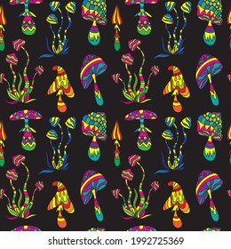 Set of fantasy colorful psychedelic, hallucinogenic doddle mushrooms. Zen art creative design collection on black background. Vector illustration. Seamless pattern.