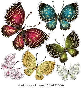 Set fantasy colorful vintage butterflies (vector)