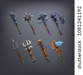 Set of fantasy cudgels and mace weapon for game. Vector illustration.