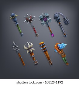 Set Of Fantasy Cudgels And Mace Weapon For Game. Vector Illustration.