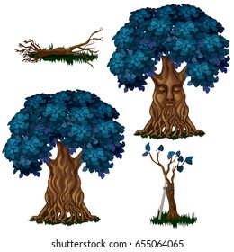 Set fantasy of deciduous trees with blue leaves isolated on white background. Vector cartoon close-up illustration.
