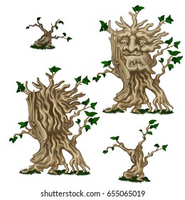 Set fantasy of deciduous trees isolated on white background. Vector cartoon close-up illustration.

