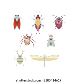 Set of fantasy decorative ornate insects. Cicada, spider, dragonfly, horse fly, mole cricket, tick, cockroach. Colorful geometric insects flat vector illustrations