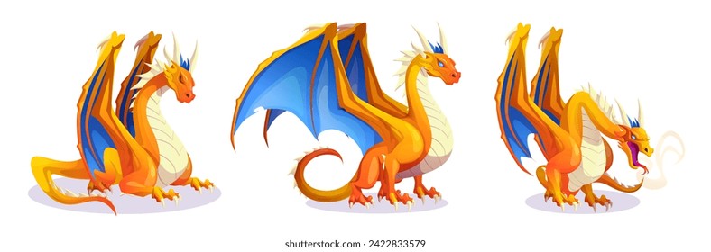 Set of fantasy dragon characters isolated on white background. Vector cartoon illustration of yellow and blue monster creature with wings, tail, gangs and claws, reptile sleeping, breathing with smoke