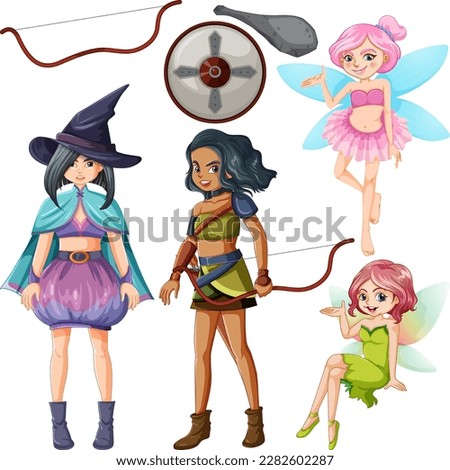 Set of fantasy enchanted cartoon characters illustration