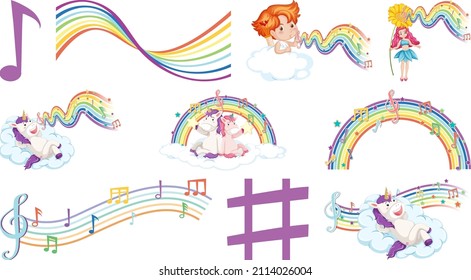 Set of fantasy fairies and cupids with rainbow elements illustration