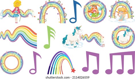 Set of fantasy fairies and cupids with rainbow elements illustration