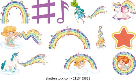 Set of fantasy fairies and cupids with rainbow elements illustration