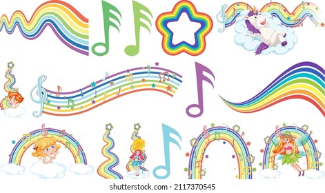 Set of fantasy fairies and cupids with rainbow elements illustration