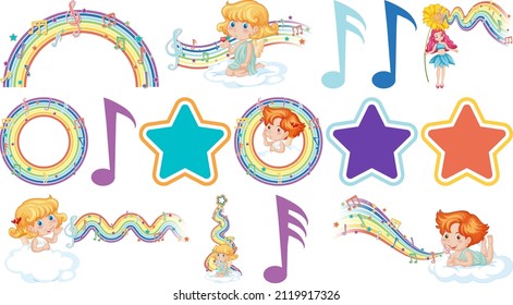 Set of fantasy fairies and cupids with rainbow elements illustration