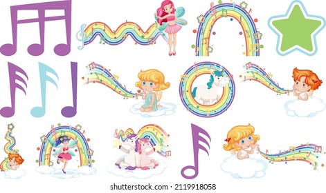Set of fantasy fairies and cupids with rainbow elements illustration