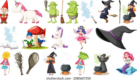 Set of fantasy fairy tale characters and elements illustration