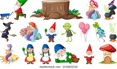 Set of fantasy fairy tale characters and elements illustration