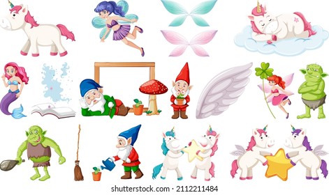Set of fantasy fairy tale characters and elements illustration