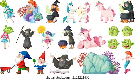 Set of fantasy fairy tale characters and elements illustration
