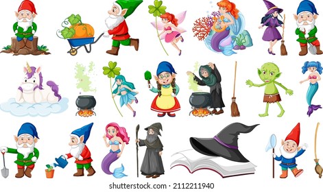 Set of fantasy fairy tale characters and elements illustration