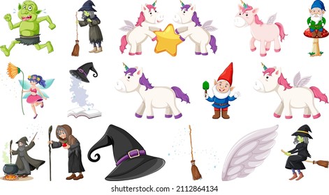 Set of fantasy fairy tale characters and elements illustration