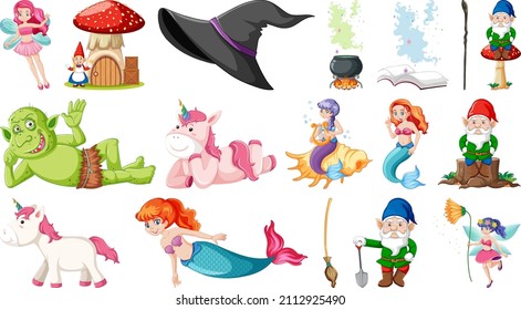 Set of fantasy fairy tale characters and elements illustration