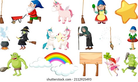 Set of fantasy fairy tale characters and elements illustration
