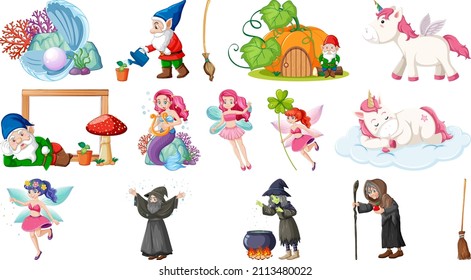 Set of fantasy fairy tale characters and elements illustration