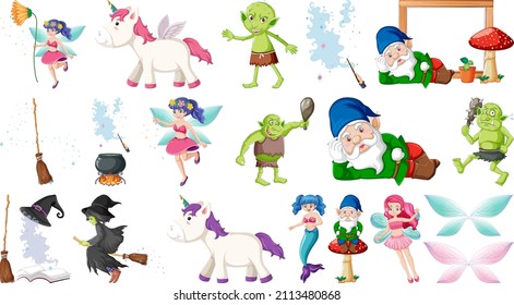 Set of fantasy fairy tale characters and elements illustration