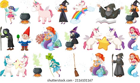 Set of fantasy fairy tale characters and elements illustration