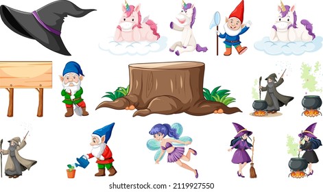 Set of fantasy fairy tale characters and elements illustration